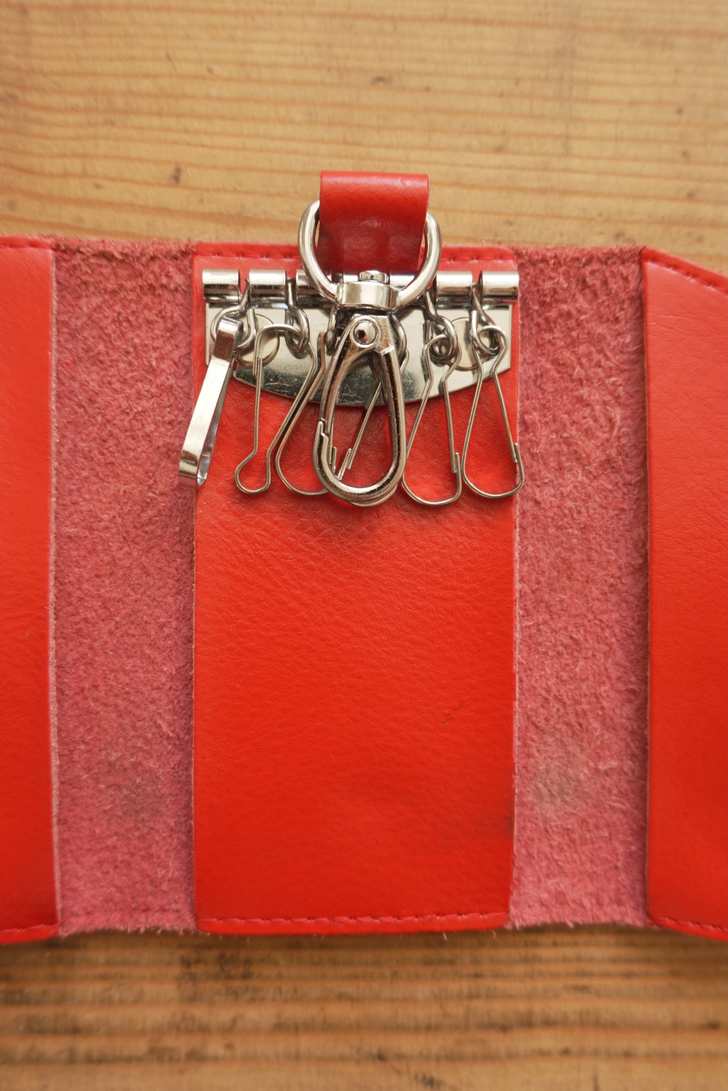 Vintage Key Case Red Leather Key Holder Silver Hardware with Key Hooks