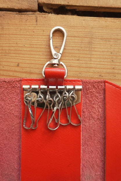 Vintage Key Case Red Leather Key Holder Silver Hardware with Key Hooks
