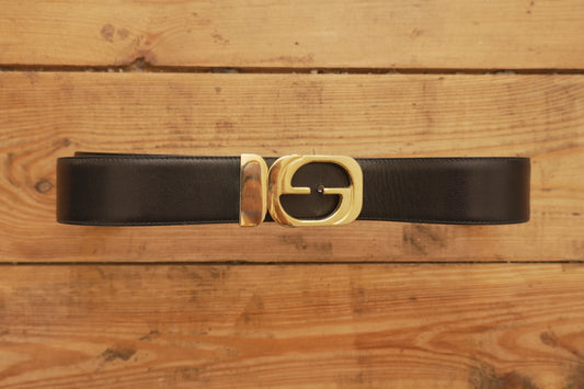 Gucci Vintage Leather Belt Reversible Black Brown Gold Buckle GG Logo Women's Adjustable