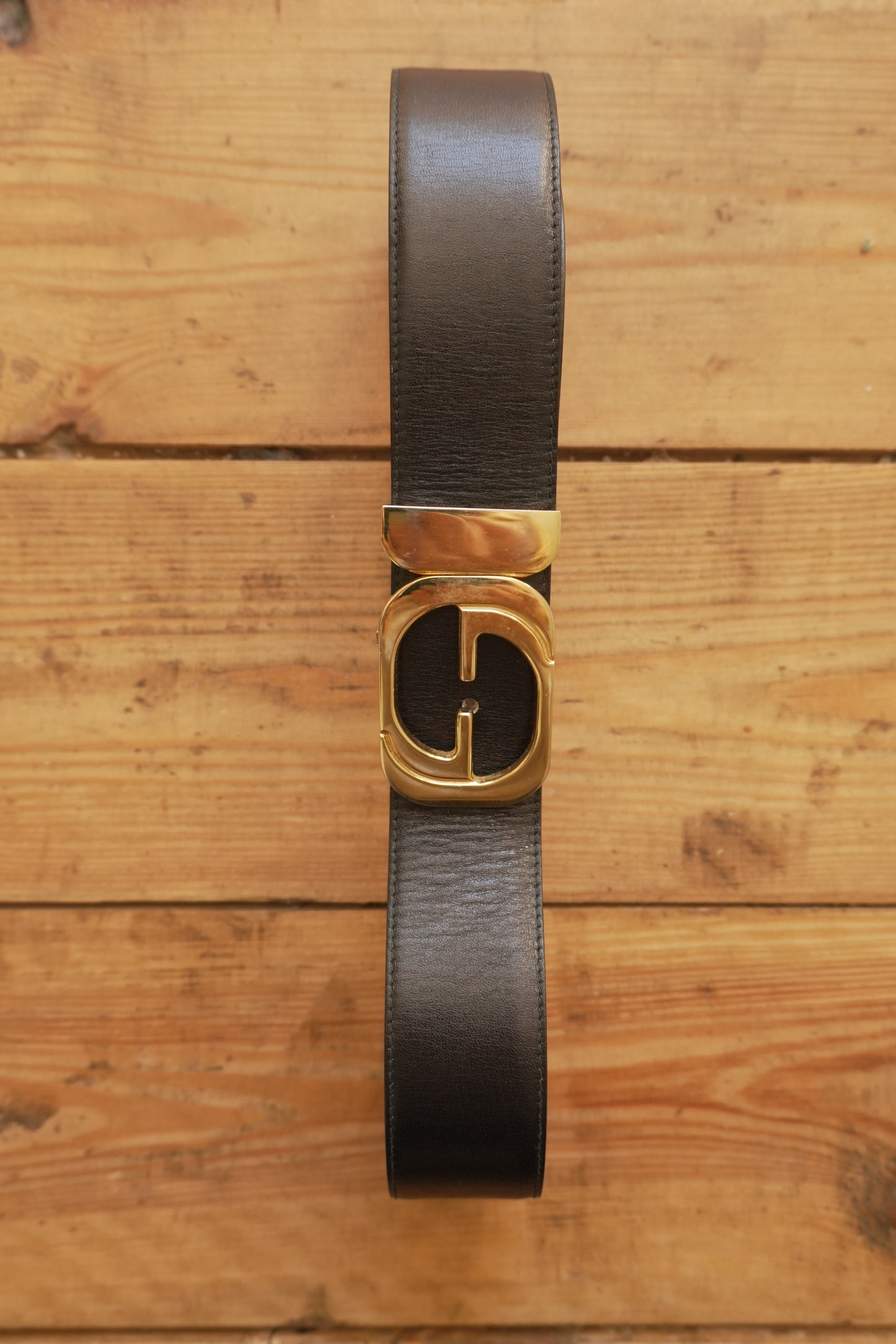 Gucci Vintage Leather Belt Reversible Black Brown Gold Buckle GG Logo Women's Adjustable