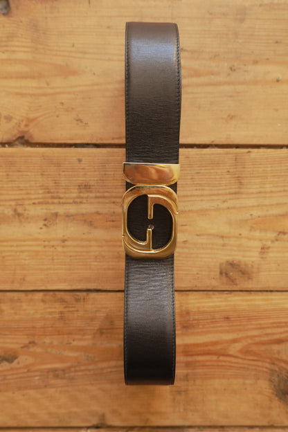 Gucci Vintage Leather Belt Reversible Black Brown Gold Buckle GG Logo Women's Adjustable