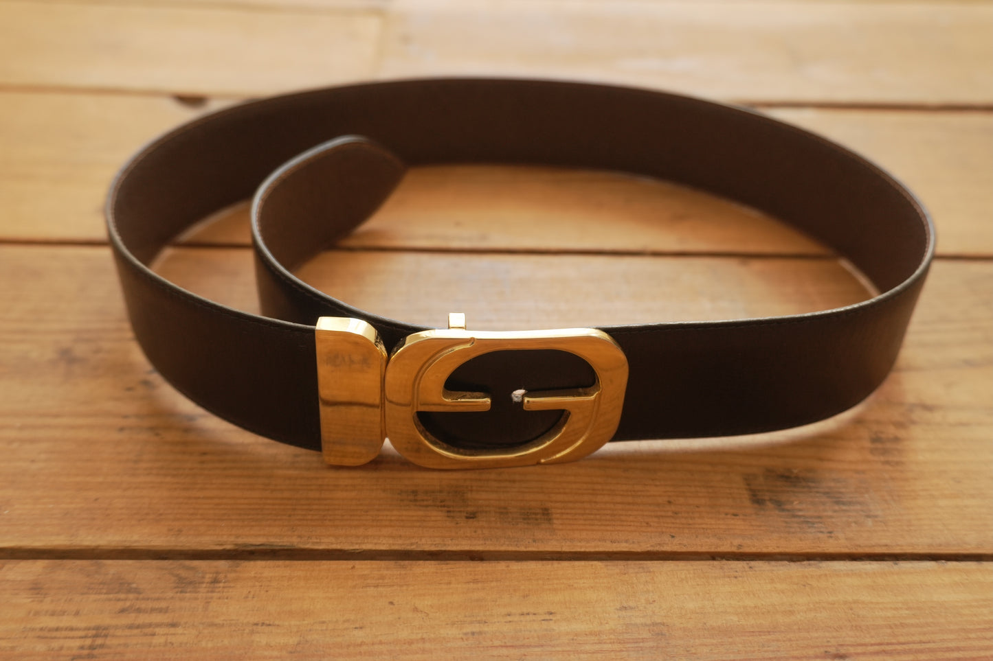 Gucci Vintage Leather Belt Reversible Black Brown Gold Buckle GG Logo Women's Adjustable