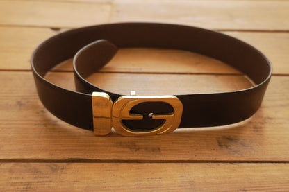 Gucci Vintage Leather Belt Reversible Black Brown Gold Buckle GG Logo Women's Adjustable