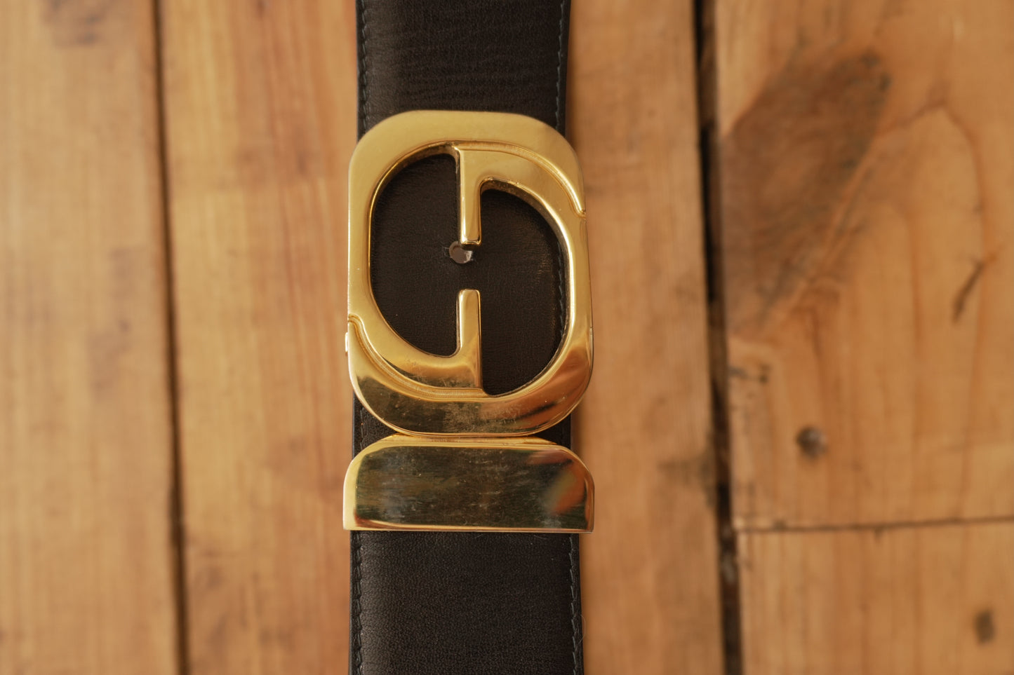 Gucci Vintage Leather Belt Reversible Black Brown Gold Buckle GG Logo Women's Adjustable