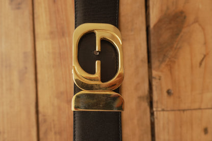 Gucci Vintage Leather Belt Reversible Black Brown Gold Buckle GG Logo Women's Adjustable