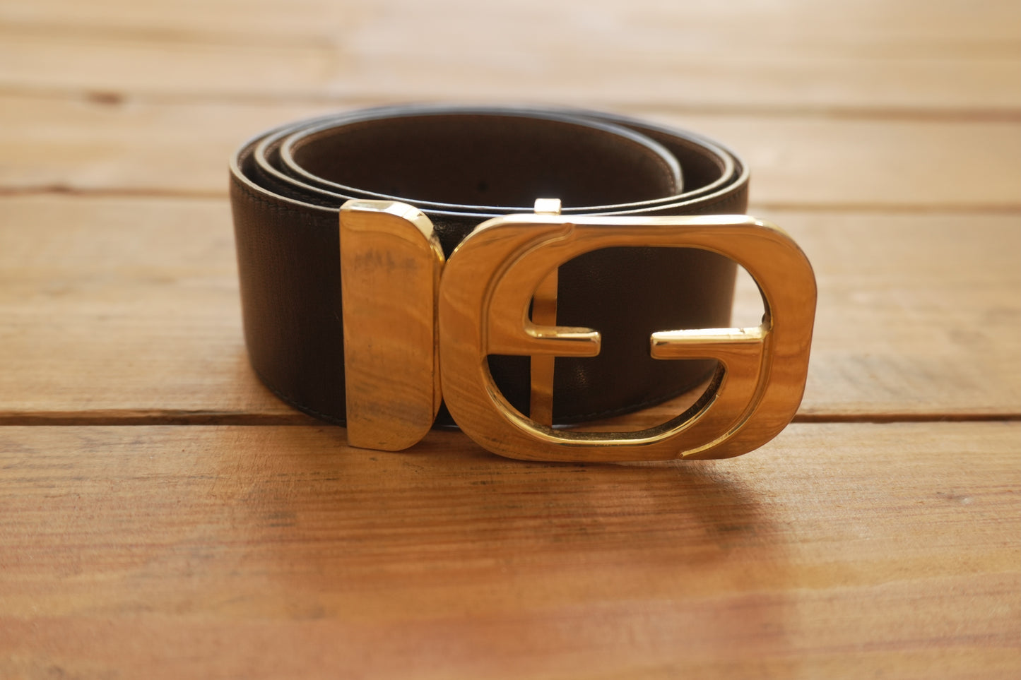 Gucci Vintage Leather Belt Reversible Black Brown Gold Buckle GG Logo Women's Adjustable