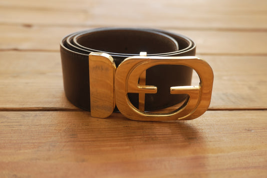 Gucci Vintage Leather Belt Reversible Black Brown Gold Buckle GG Logo Women's Adjustable