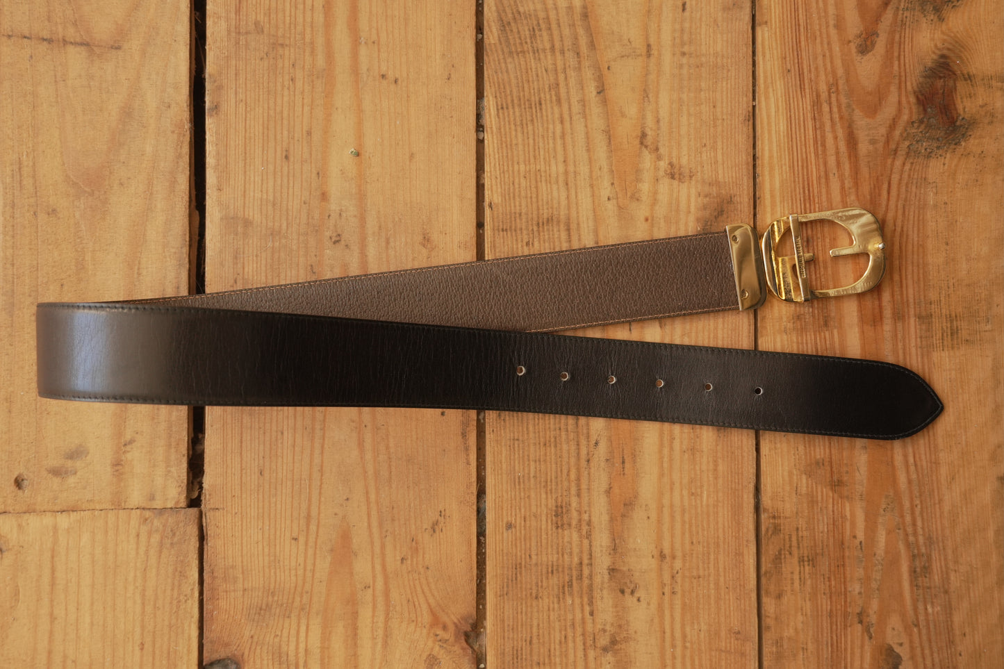 Gucci Vintage Leather Belt Reversible Black Brown Gold Buckle GG Logo Women's Adjustable