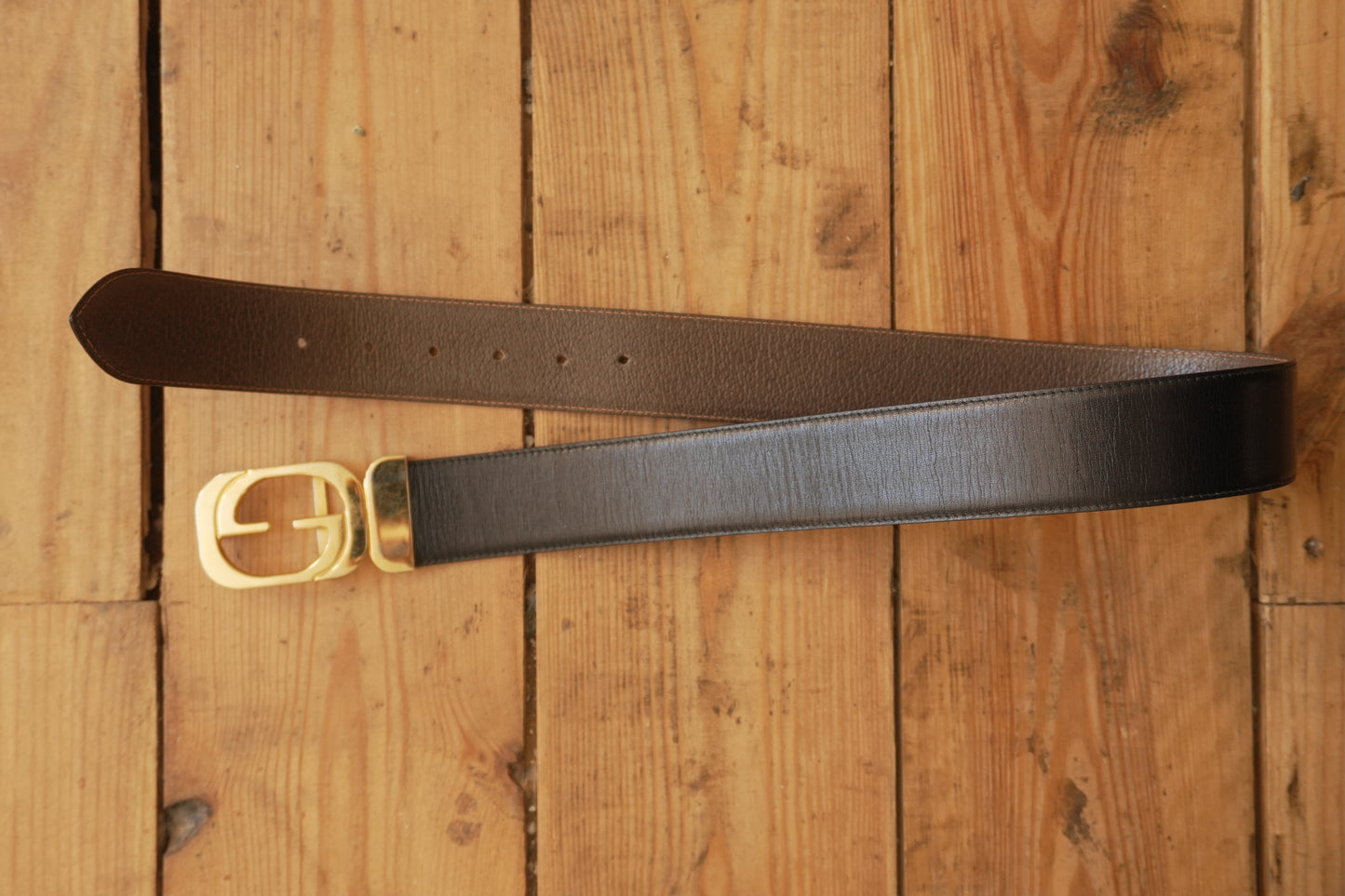 Gucci Vintage Leather Belt Reversible Black Brown Gold Buckle GG Logo Women's Adjustable