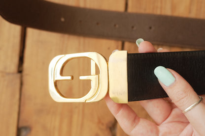 Gucci Vintage Leather Belt Reversible Black Brown Gold Buckle GG Logo Women's Adjustable
