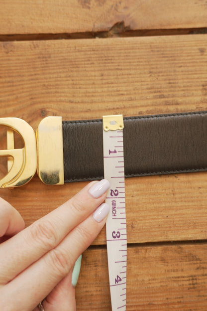 Gucci Vintage Leather Belt Reversible Black Brown Gold Buckle GG Logo Women's Adjustable