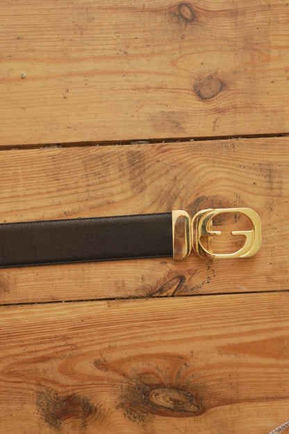 Gucci Vintage Leather Belt Reversible Black Brown Gold Buckle GG Logo Women's Adjustable