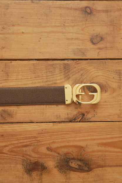 Gucci Vintage Leather Belt Reversible Black Brown Gold Buckle GG Logo Women's Adjustable