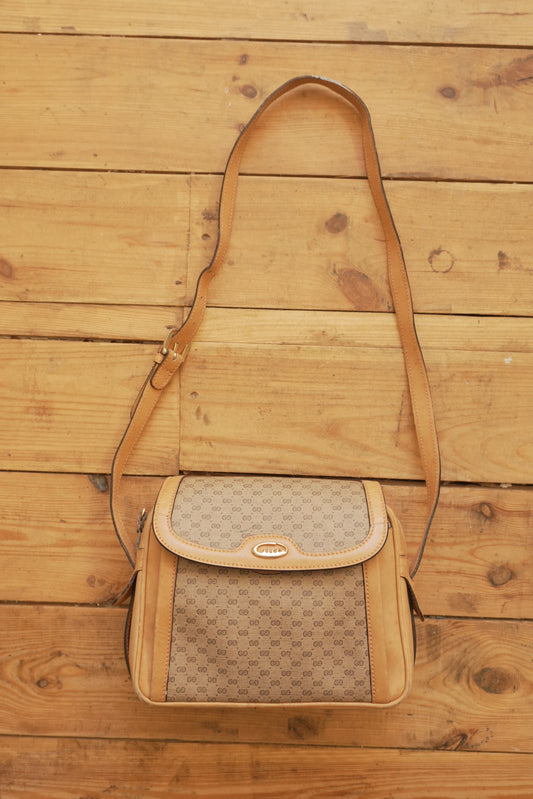 Gucci Vintage Brown Leather PVC Crossbody Bag Gold GG Logo 60s 70s