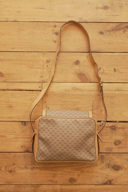 Gucci Vintage Brown Leather PVC Crossbody Bag Gold GG Logo 60s 70s