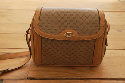 Gucci Vintage Brown Leather PVC Crossbody Bag Gold GG Logo 60s 70s