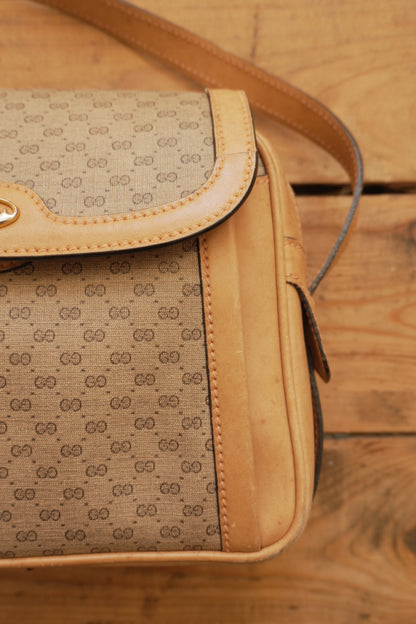 Gucci Vintage Brown Leather PVC Crossbody Bag Gold GG Logo 60s 70s