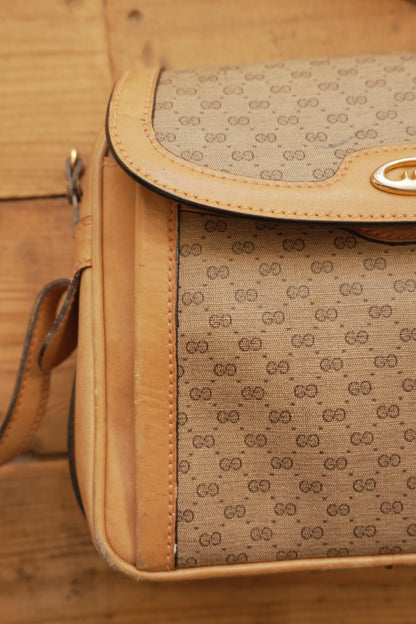 Gucci Vintage Brown Leather PVC Crossbody Bag Gold GG Logo 60s 70s
