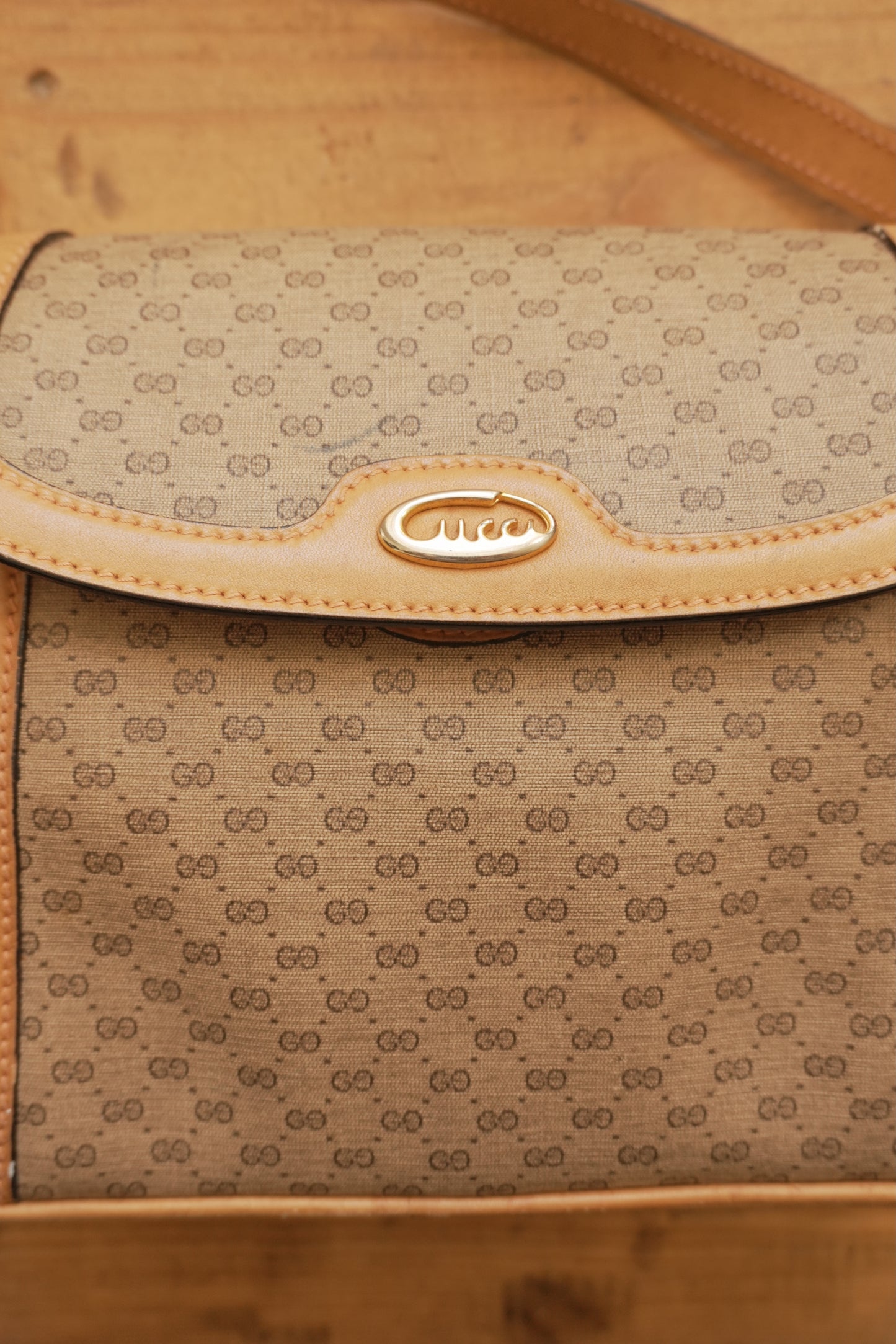 Gucci Vintage Brown Leather PVC Crossbody Bag Gold GG Logo 60s 70s