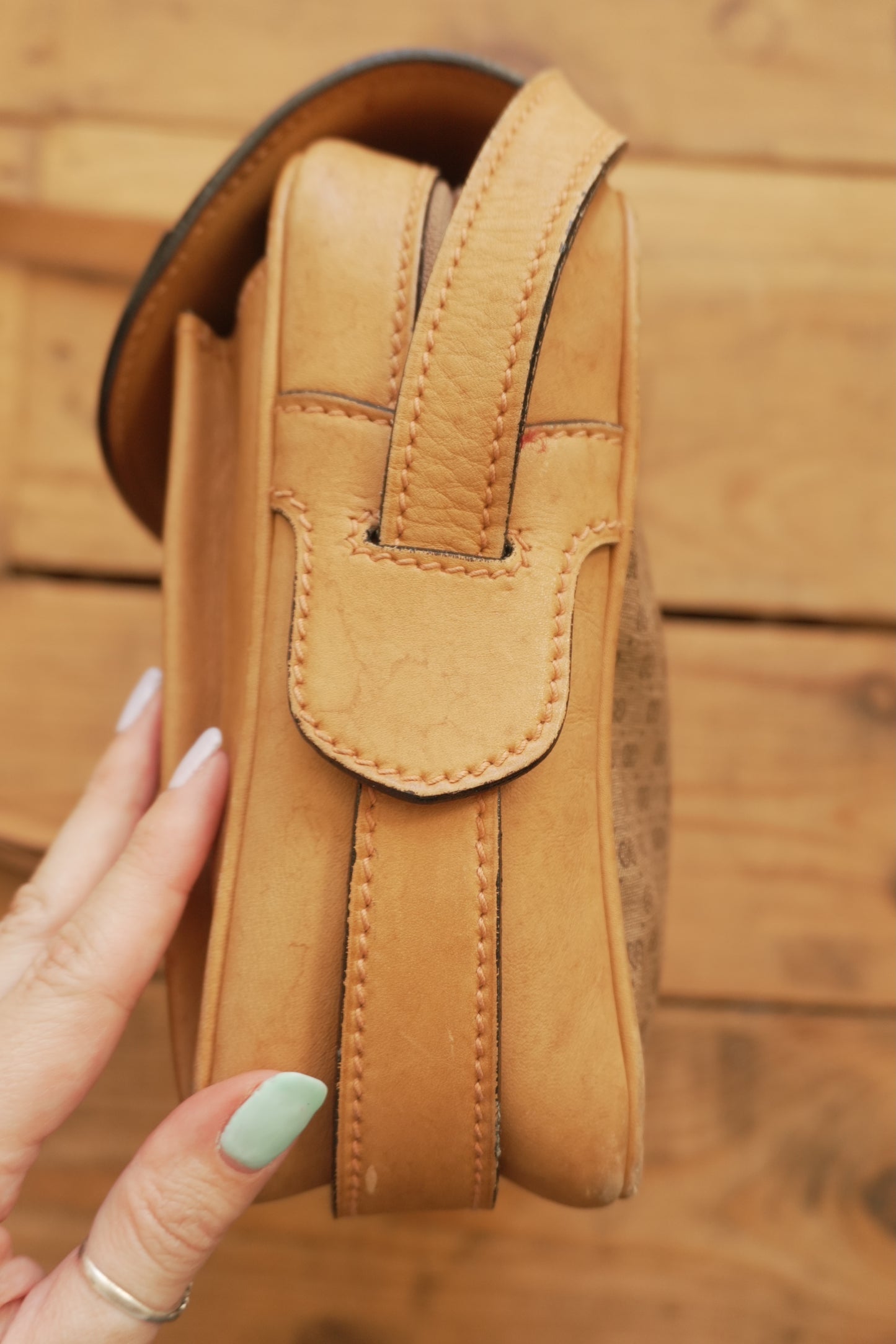 Gucci Vintage Brown Leather PVC Crossbody Bag Gold GG Logo 60s 70s