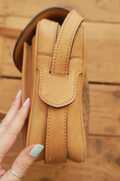 Gucci Vintage Brown Leather PVC Crossbody Bag Gold GG Logo 60s 70s