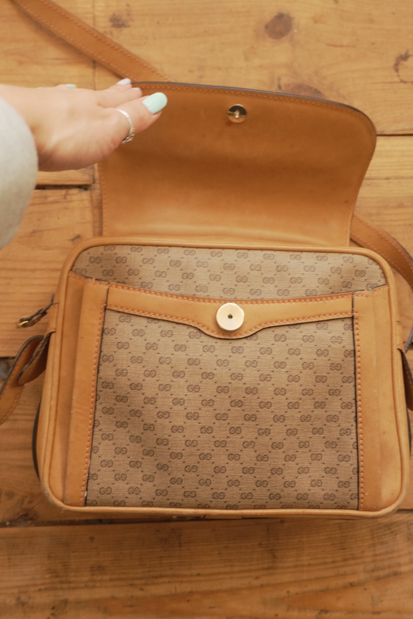 Gucci Vintage Brown Leather PVC Crossbody Bag Gold GG Logo 60s 70s