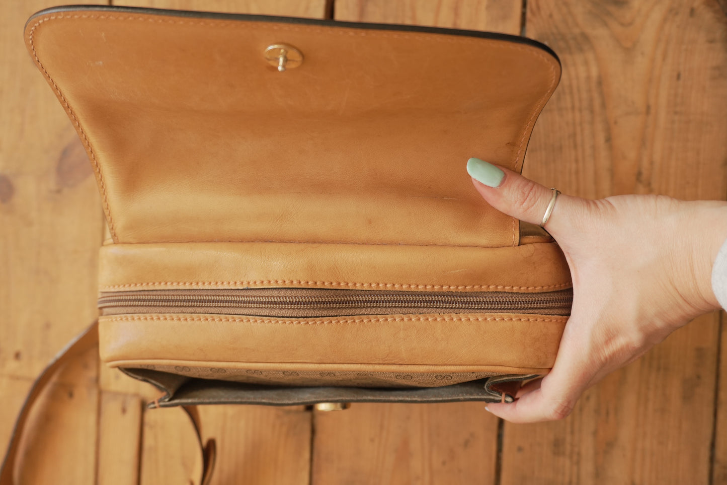 Gucci Vintage Brown Leather PVC Crossbody Bag Gold GG Logo 60s 70s