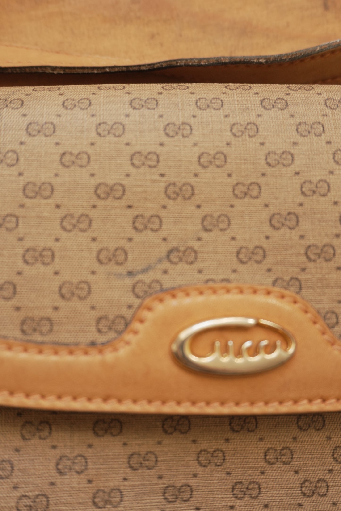 Gucci Vintage Brown Leather PVC Crossbody Bag Gold GG Logo 60s 70s