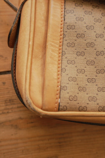 Gucci Vintage Brown Leather PVC Crossbody Bag Gold GG Logo 60s 70s