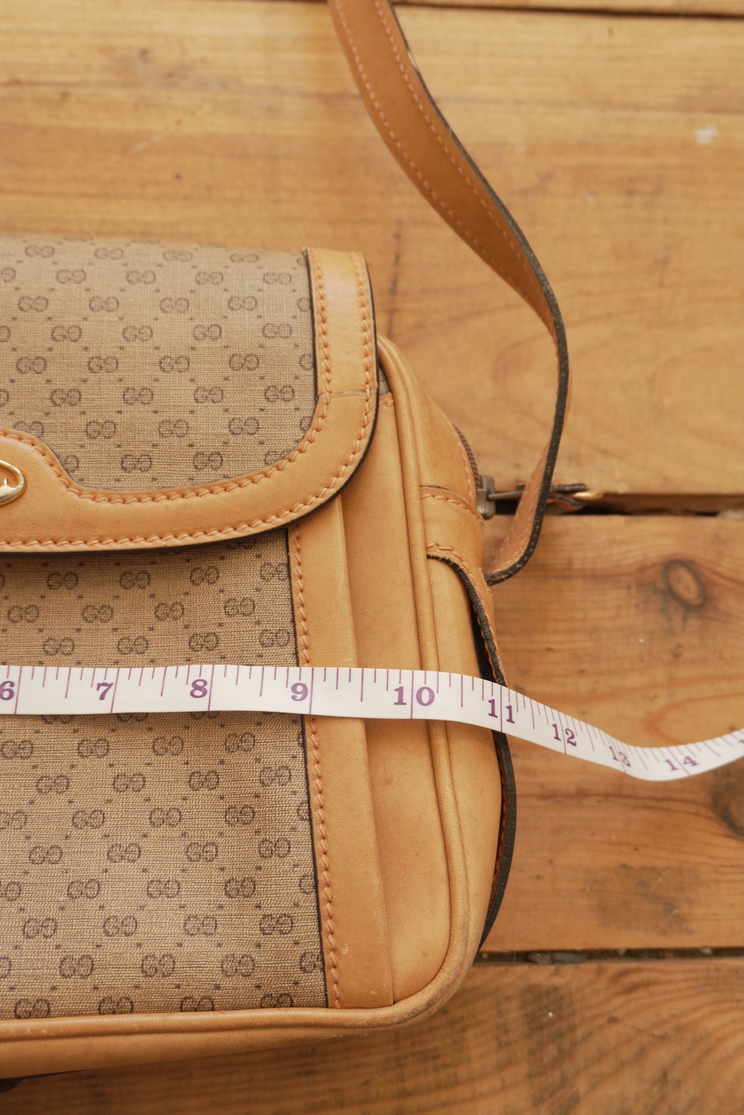 Gucci Vintage Brown Leather PVC Crossbody Bag Gold GG Logo 60s 70s