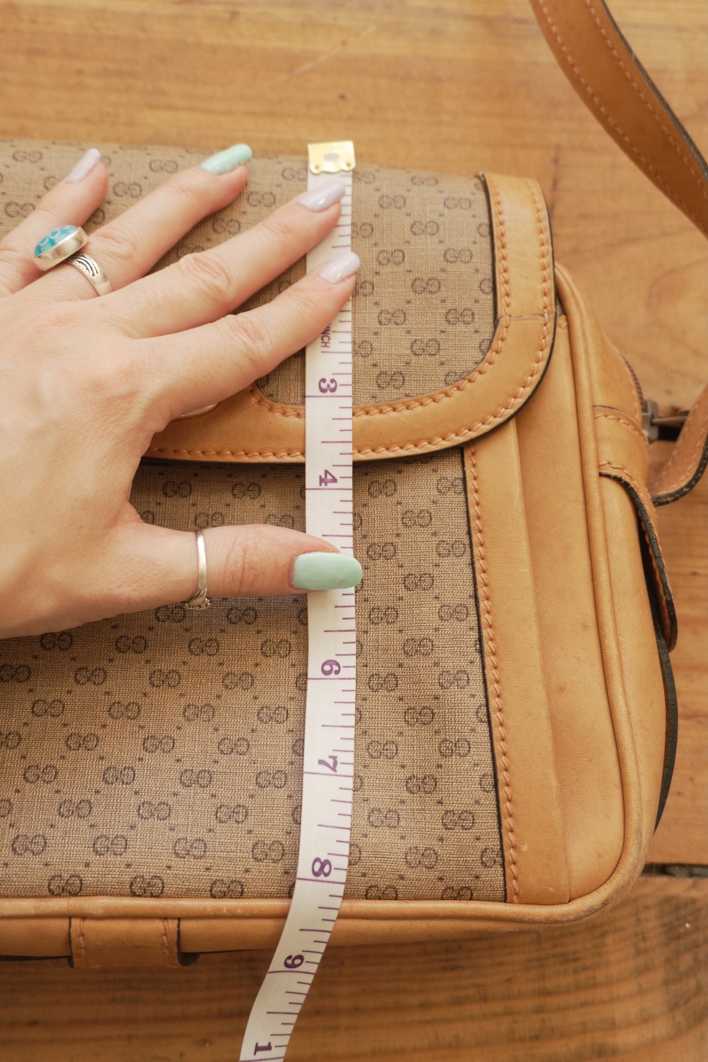 Gucci Vintage Brown Leather PVC Crossbody Bag Gold GG Logo 60s 70s