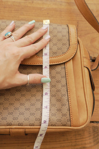 Gucci Vintage Brown Leather PVC Crossbody Bag Gold GG Logo 60s 70s