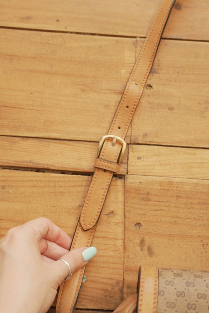 Gucci Vintage Brown Leather PVC Crossbody Bag Gold GG Logo 60s 70s