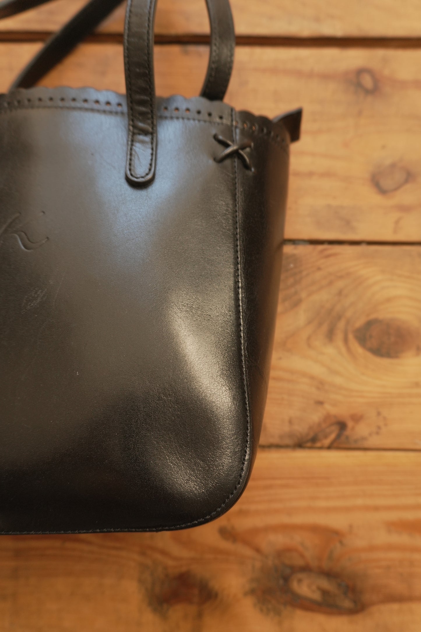 Vintage Tote Bag Black Leather Kitamara Frill Detail Women's Handbag Gold Zip Double Handle