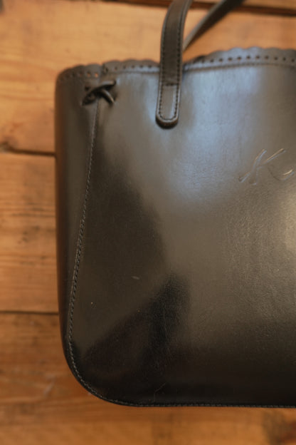Vintage Tote Bag Black Leather Kitamara Frill Detail Women's Handbag Gold Zip Double Handle