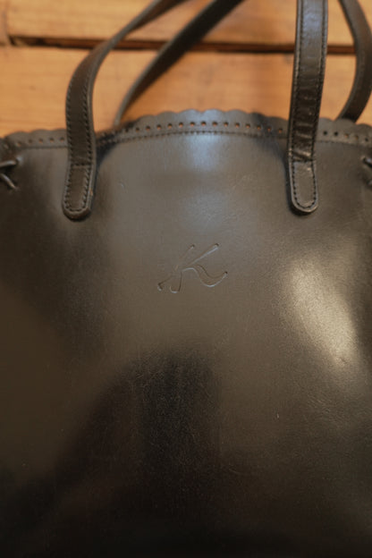 Vintage Tote Bag Black Leather Kitamara Frill Detail Women's Handbag Gold Zip Double Handle