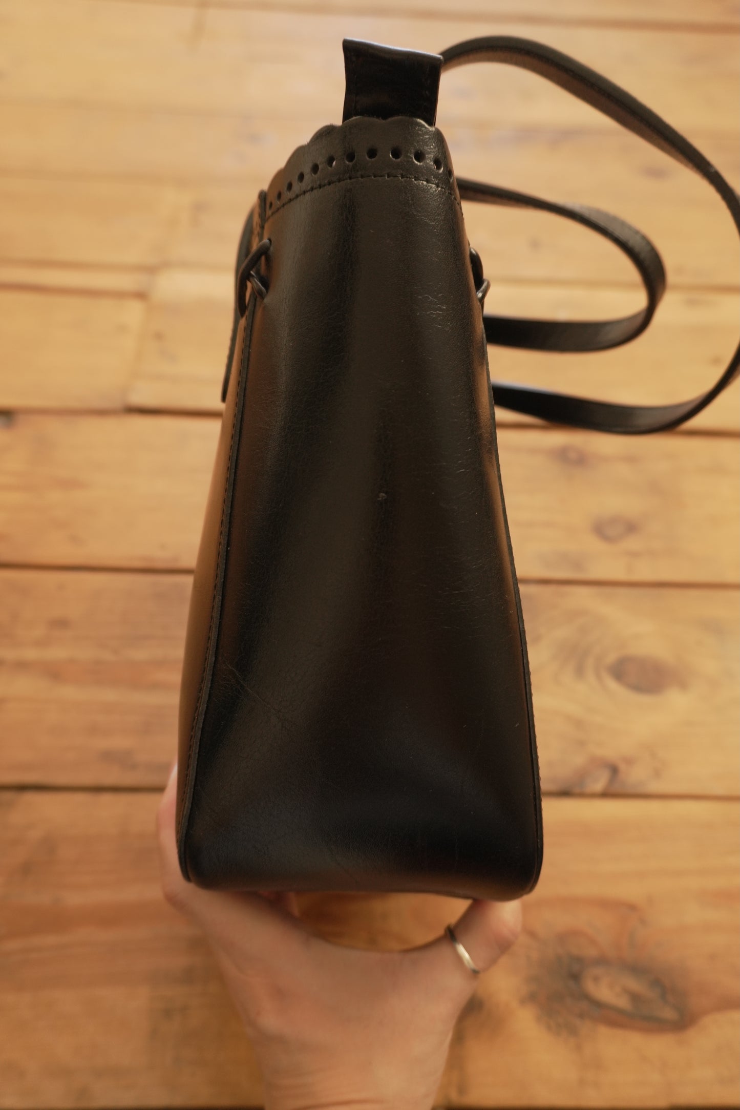 Vintage Tote Bag Black Leather Kitamara Frill Detail Women's Handbag Gold Zip Double Handle