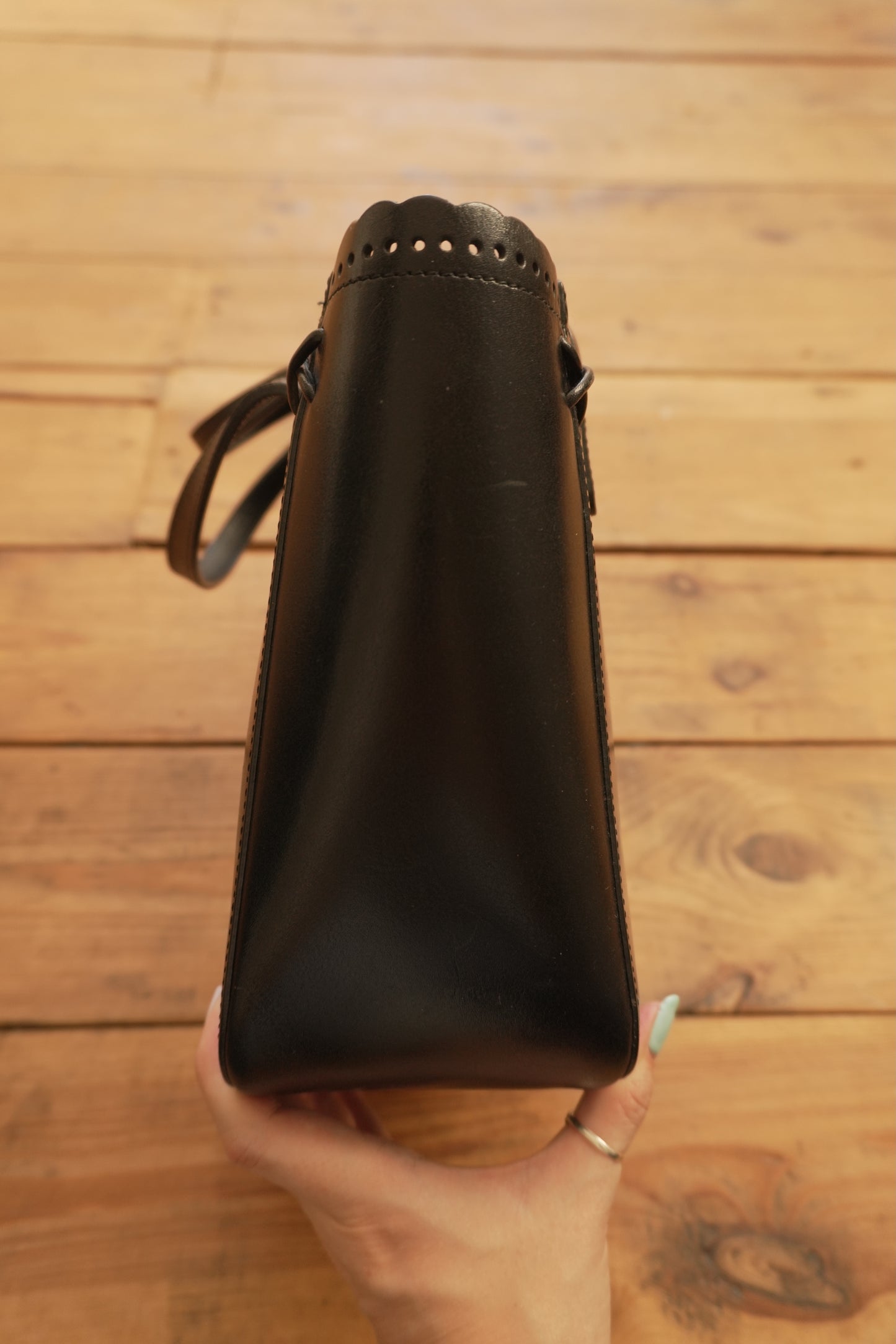 Vintage Tote Bag Black Leather Kitamara Frill Detail Women's Handbag Gold Zip Double Handle