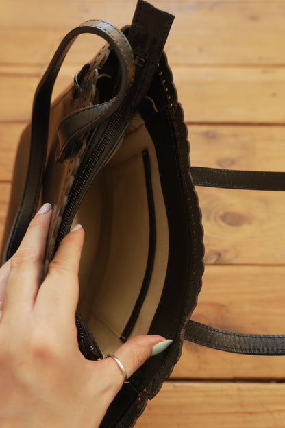 Vintage Tote Bag Black Leather Kitamara Frill Detail Women's Handbag Gold Zip Double Handle