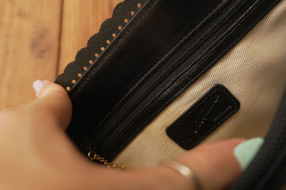 Vintage Tote Bag Black Leather Kitamara Frill Detail Women's Handbag Gold Zip Double Handle