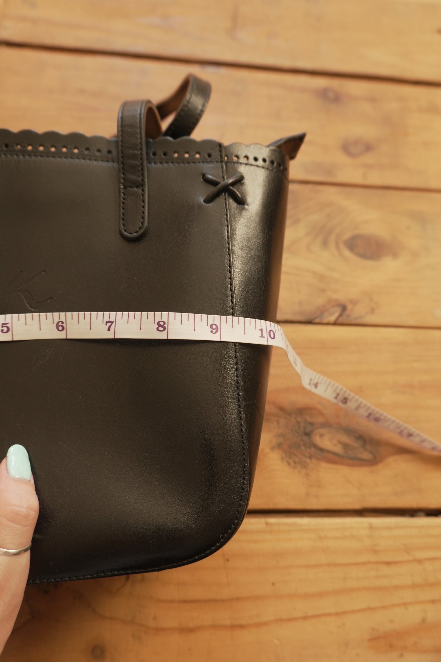 Vintage Tote Bag Black Leather Kitamara Frill Detail Women's Handbag Gold Zip Double Handle