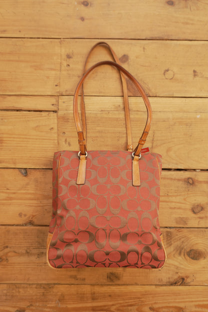 Coach Tote Bag Leather Canvas Red Tan Brown Hand Bag