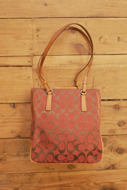Coach Tote Bag Leather Canvas Red Tan Brown Hand Bag