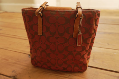 Coach Tote Bag Leather Canvas Red Tan Brown Hand Bag