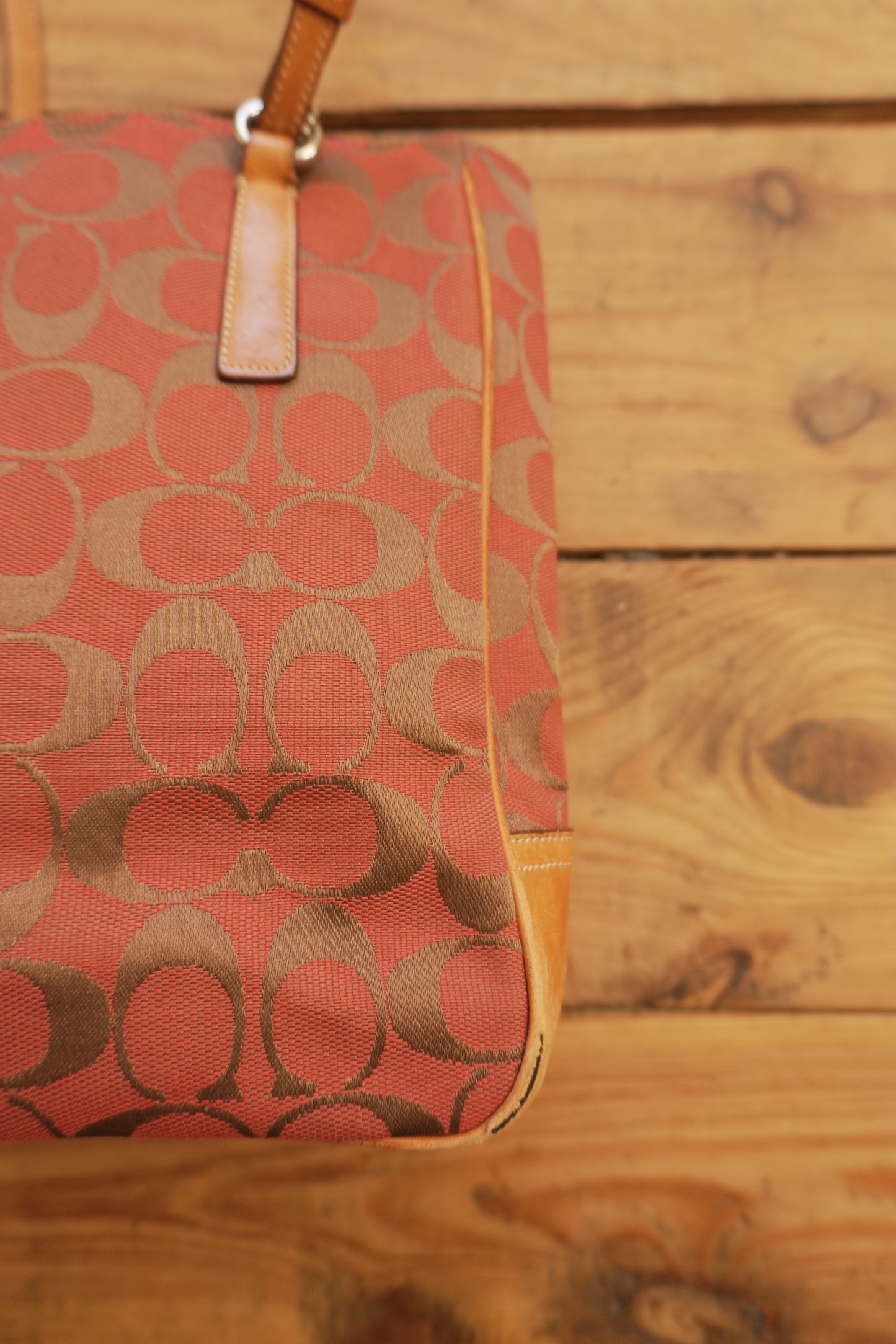 Coach Tote Bag Leather Canvas Red Tan Brown Hand Bag