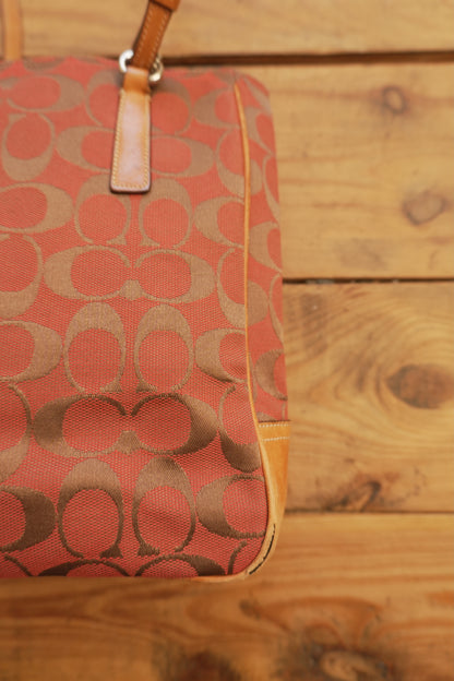 Coach Tote Bag Leather Canvas Red Tan Brown Hand Bag