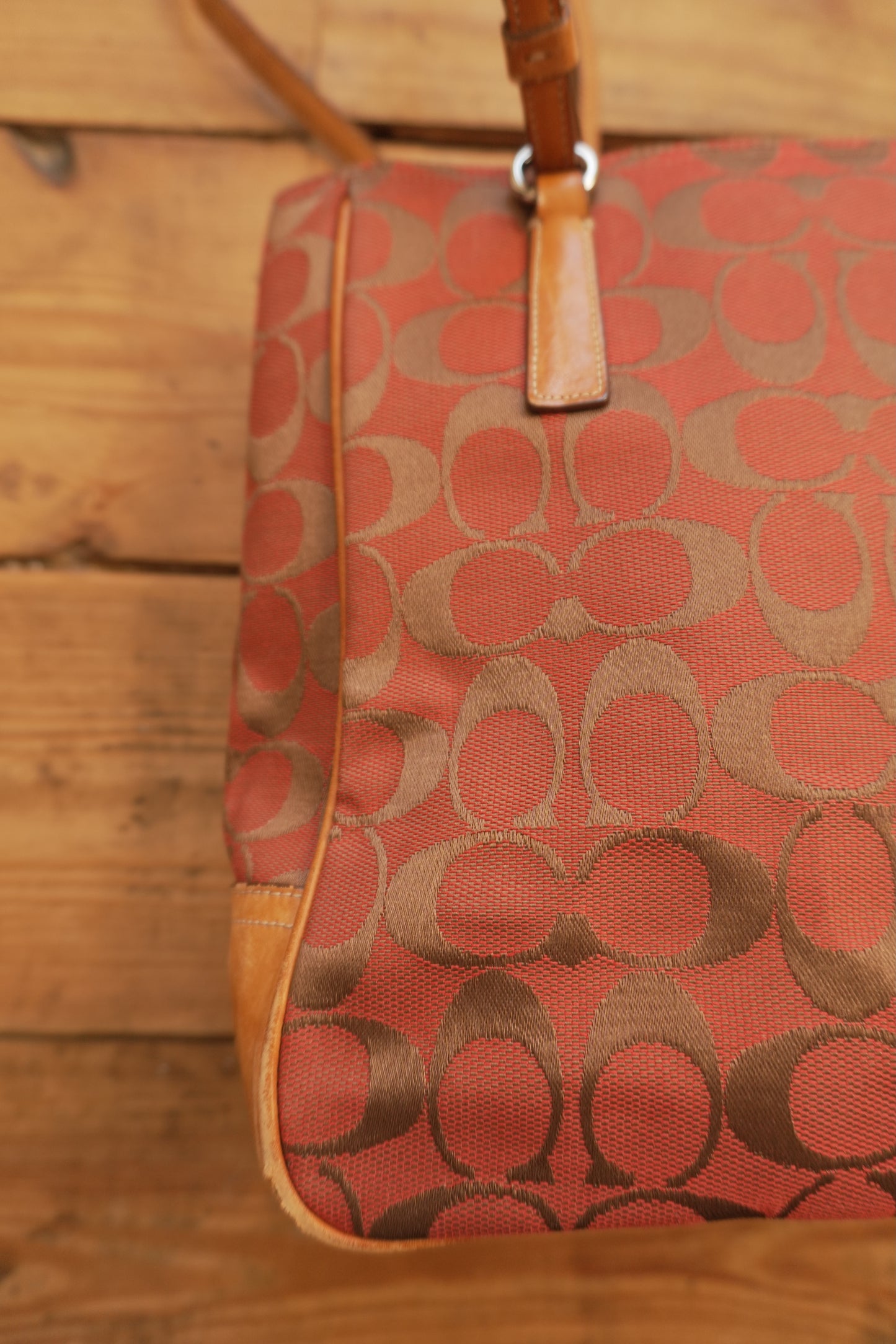 Coach Tote Bag Leather Canvas Red Tan Brown Hand Bag