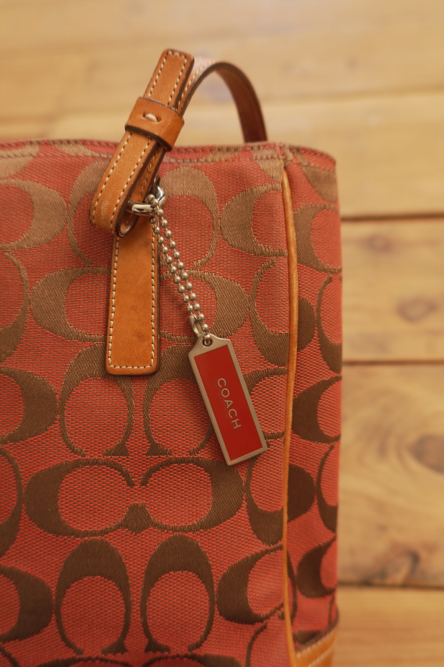 Coach Tote Bag Leather Canvas Red Tan Brown Hand Bag