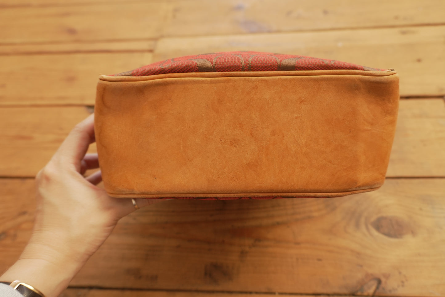 Coach Tote Bag Leather Canvas Red Tan Brown Hand Bag