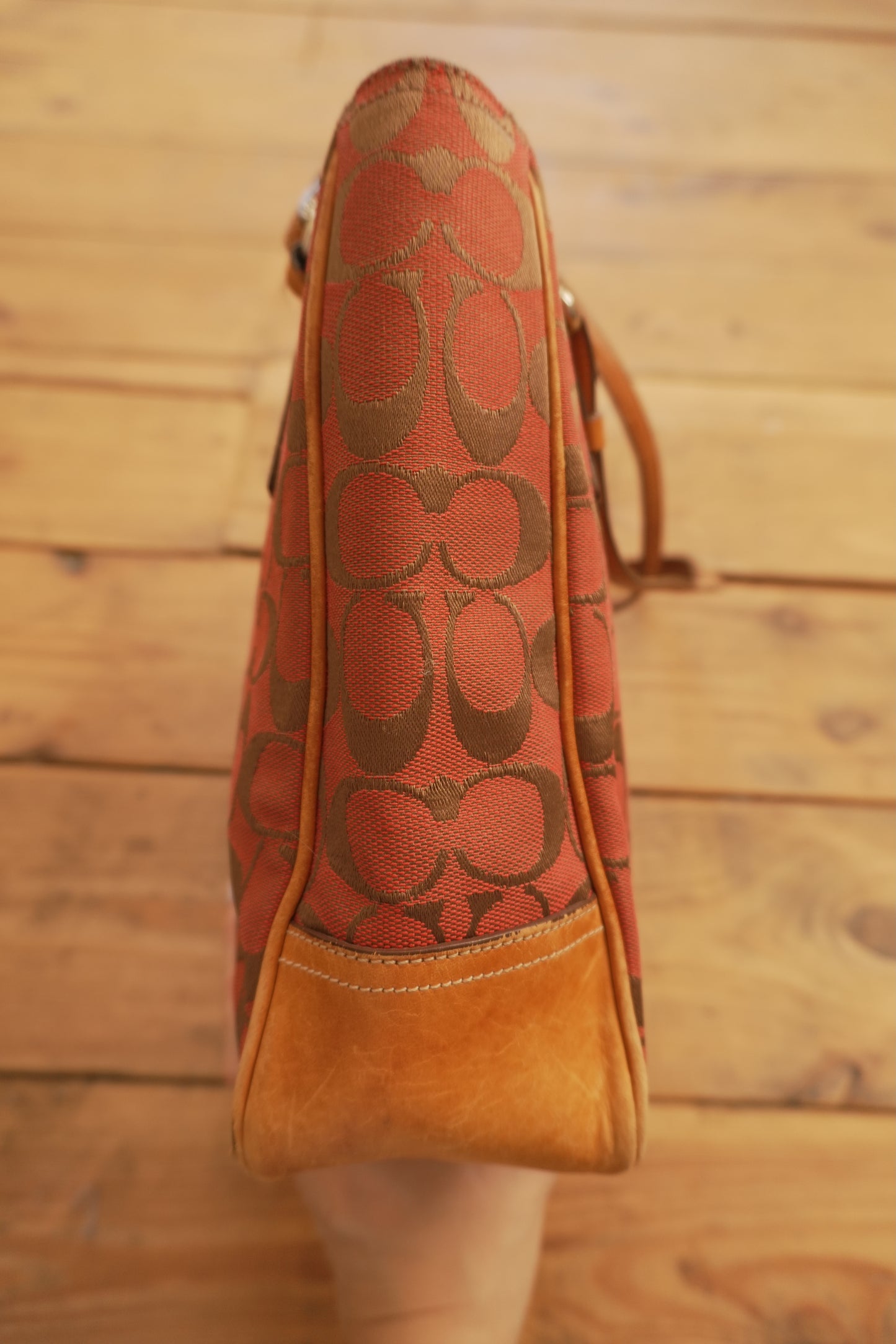 Coach Tote Bag Leather Canvas Red Tan Brown Hand Bag